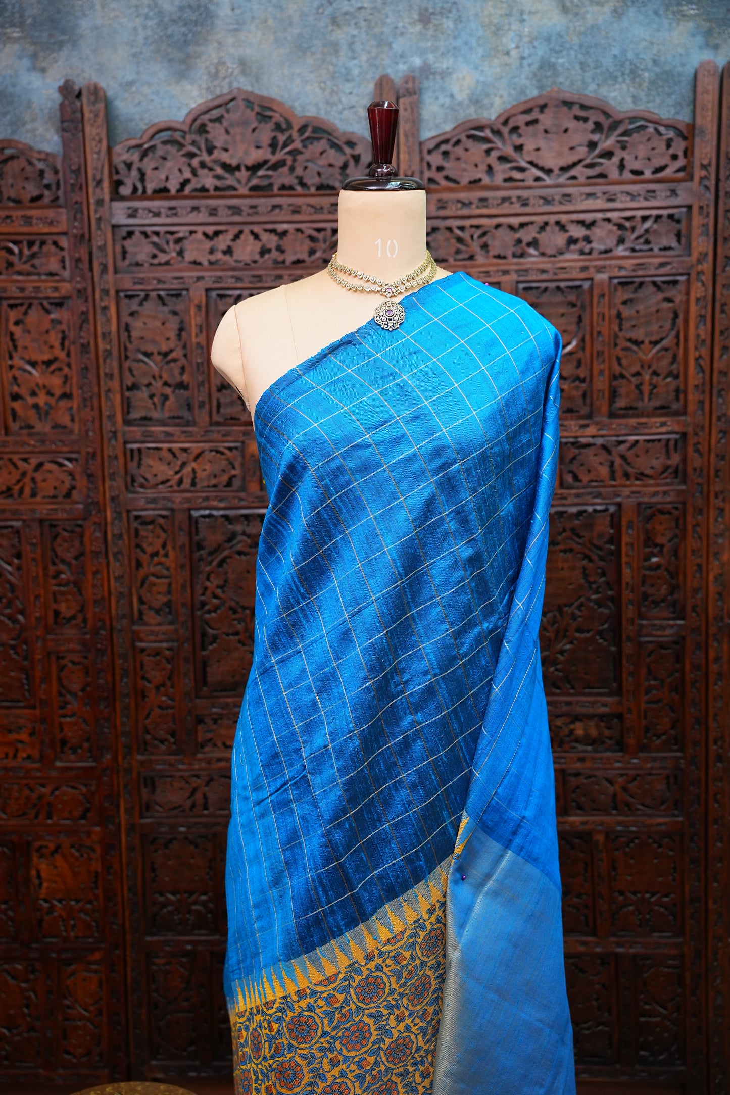 Pure Raw Silk Saree with Gold Checks – Royal Blue & Mustard Yellow