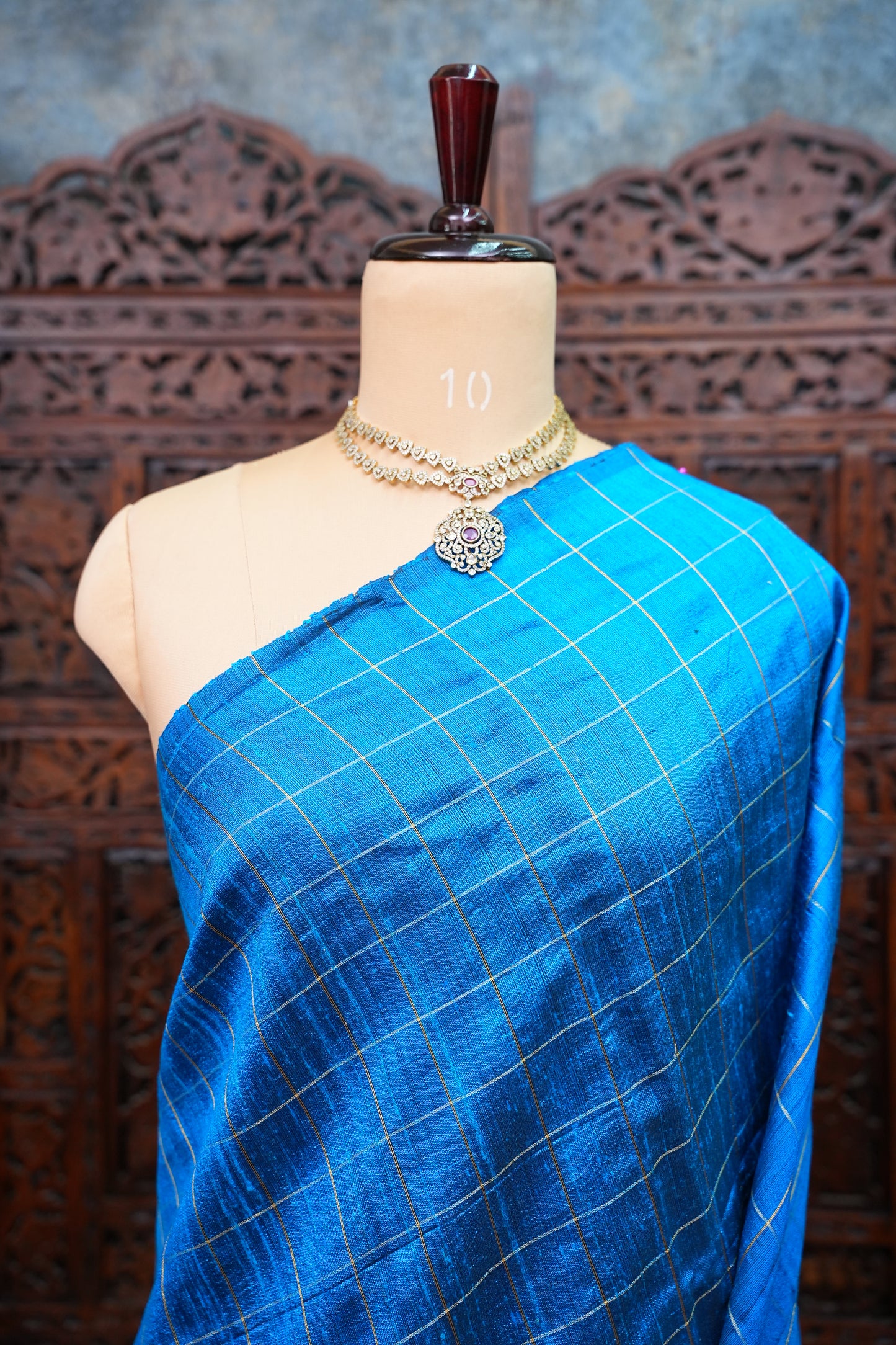 Pure Raw Silk Saree with Gold Checks – Royal Blue & Mustard Yellow