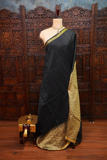 Pure Raw Silk Saree with Rich Champagne Zari Pallu – Black & Champagne Gold