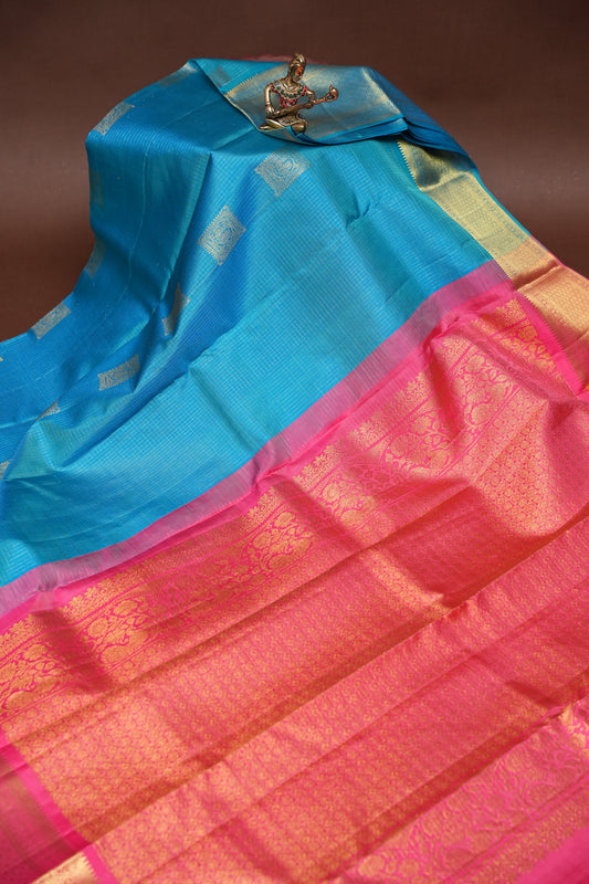 Blue & Pink with Microchecks Pure Kanchipuram Silk Saree|Silk Mark Certified