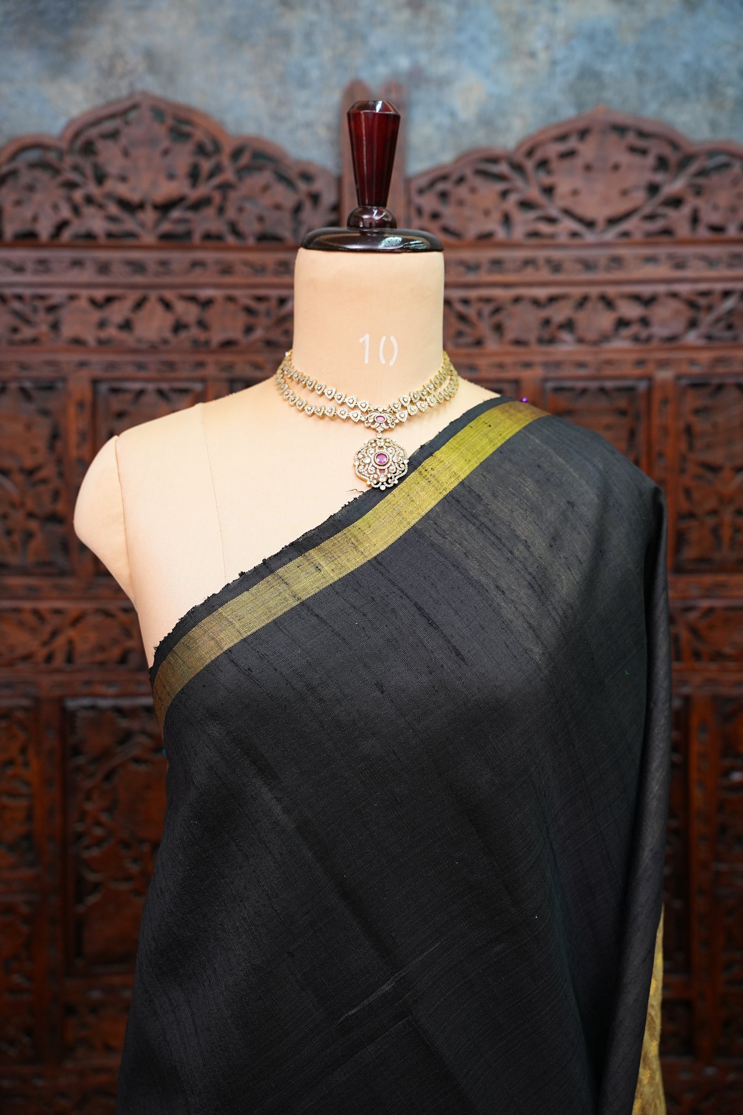 Pure Raw Silk Saree with Rich Champagne Zari Pallu – Black & Champagne Gold
