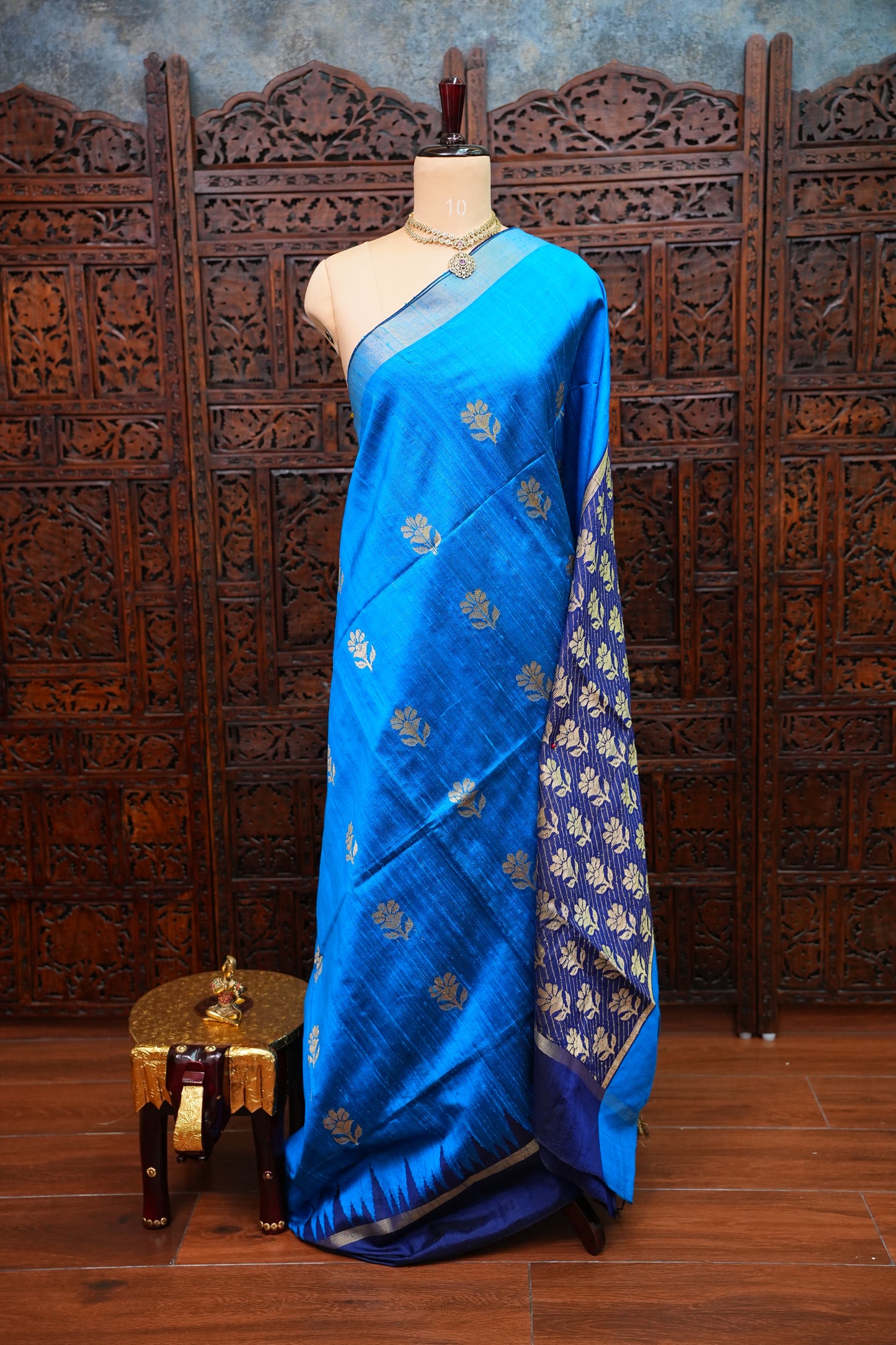 Pure Raw Silk Saree with Gold Buttas & Brocade Pallu – Blue and Navy