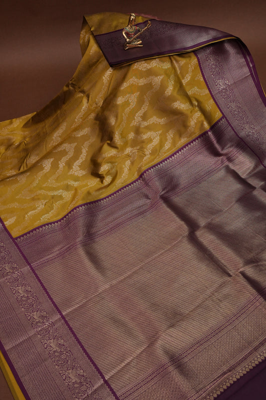 Kanchivaram Semi Silk Saree - Mustard with Wine