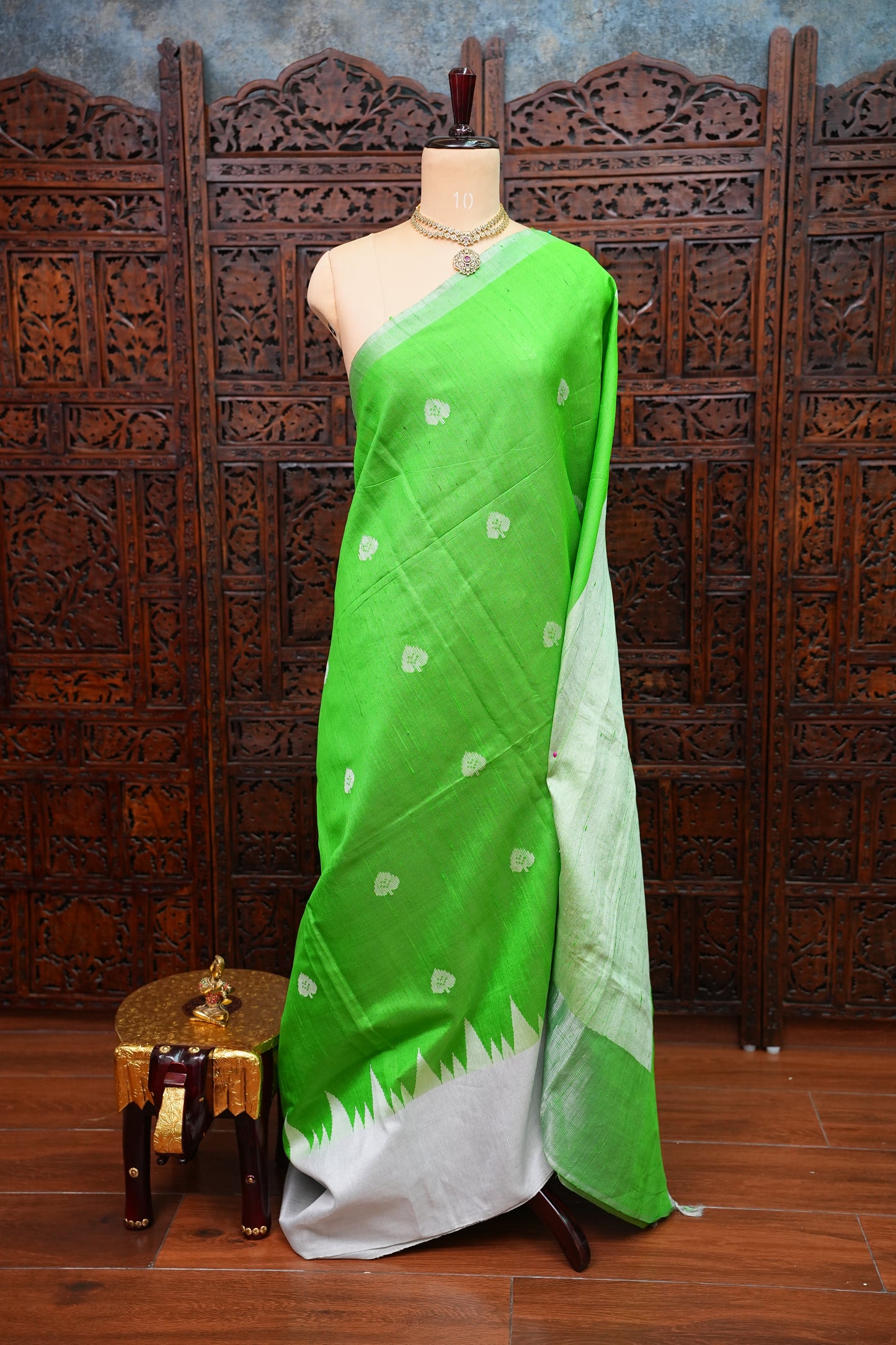 Pure Raw Silk Saree – Green & White