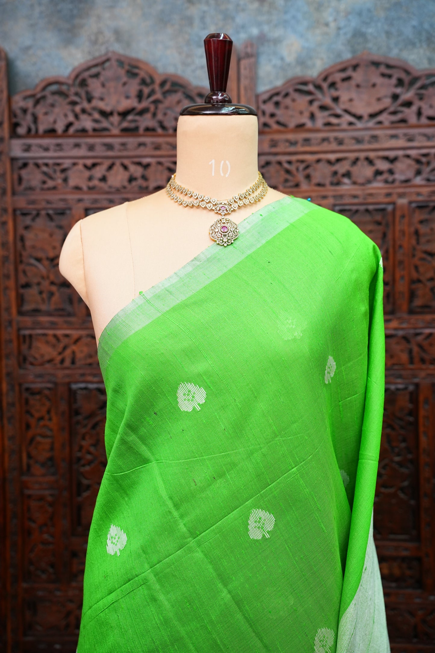 Pure Raw Silk Saree – Green & White