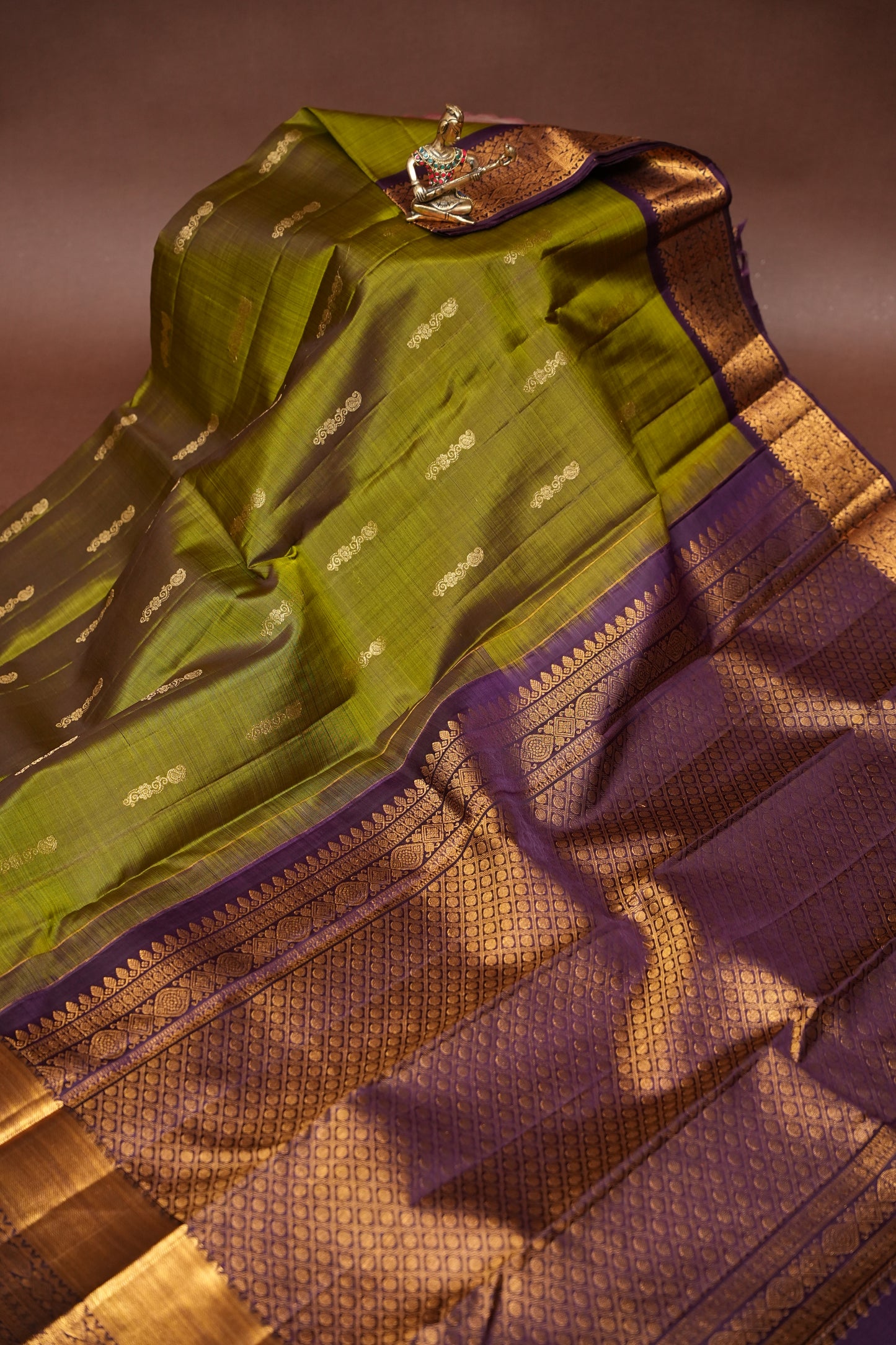 Olive Green & Coffee Pure Kanchipuram Silk Saree|Silk Mark Certified
