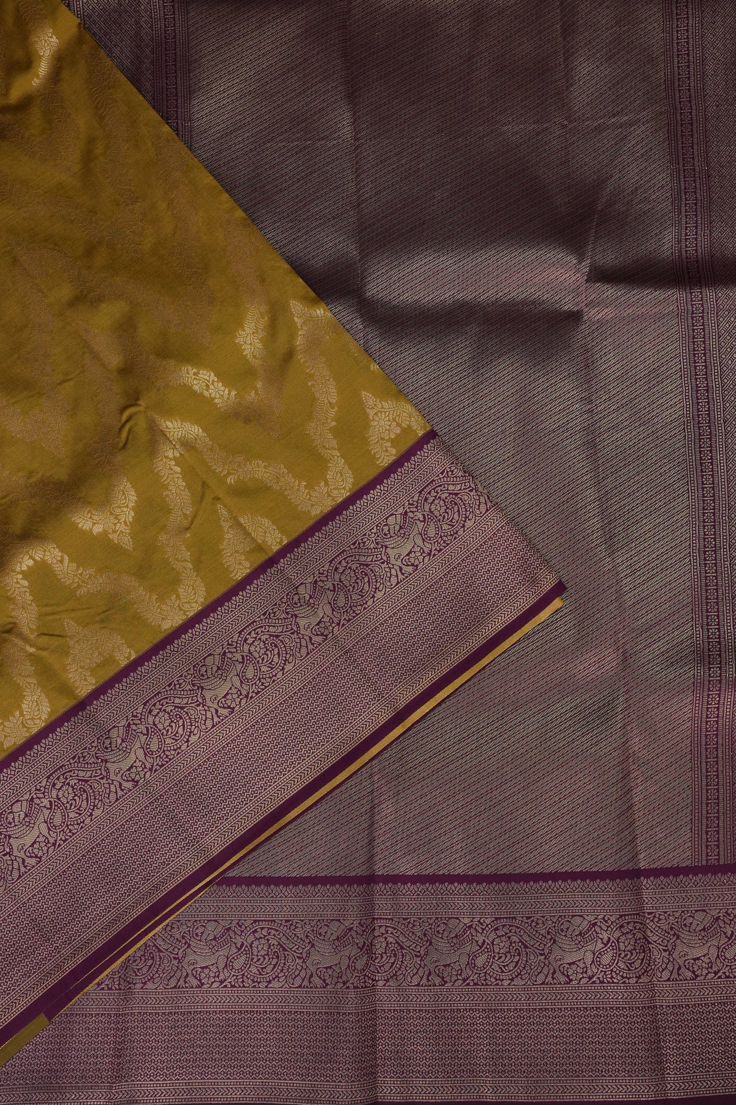 Kanchivaram Semi Silk Saree - Mustard with Wine