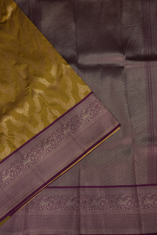 Kanchivaram Semi Silk Saree - Mustard with Wine
