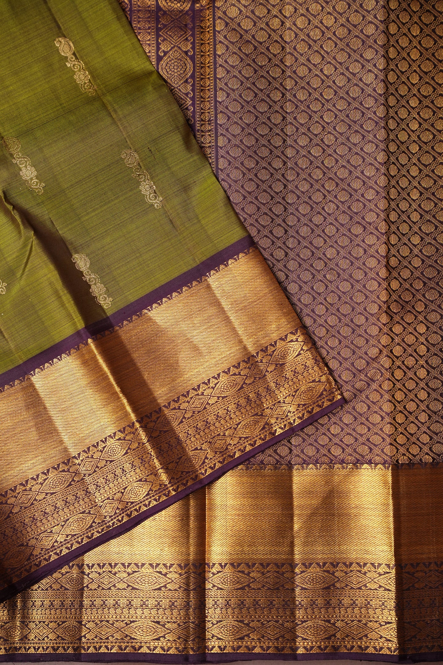Olive Green & Coffee Pure Kanchipuram Silk Saree|Silk Mark Certified
