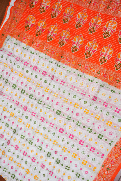 Heavy Georgette Banarasi Saree with Geometric Jaal Weaving – White & Bright Orange