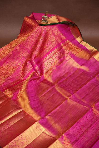 Hot Pink & Green Statement Pure Kanchipuram Brocade Silk Saree|Silk Mark Certified