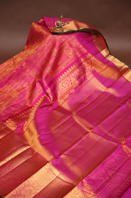 Hot Pink & Green Statement Pure Kanchipuram Brocade Silk Saree|Silk Mark Certified