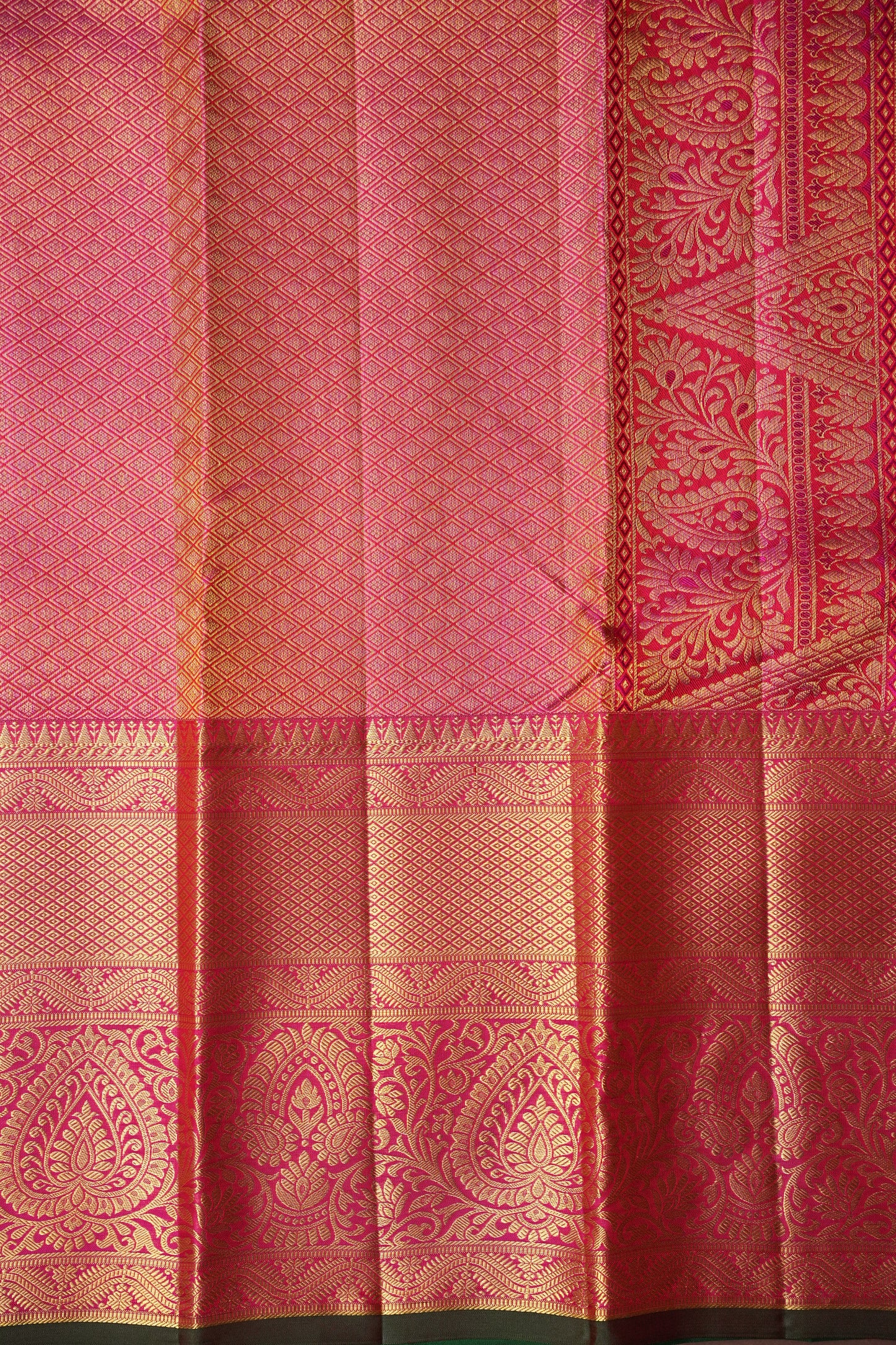 Hot Pink & Green Statement Pure Kanchipuram Brocade Silk Saree|Silk Mark Certified