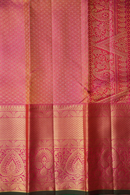 Hot Pink & Green Statement Pure Kanchipuram Brocade Silk Saree|Silk Mark Certified