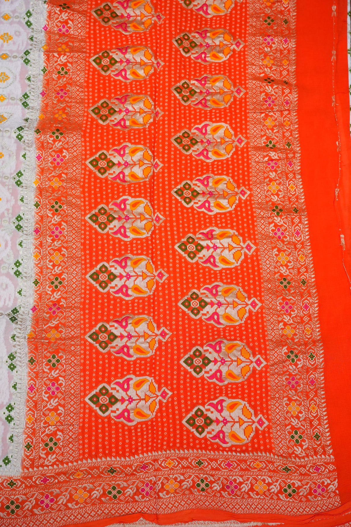 Heavy Georgette Banarasi Saree with Geometric Jaal Weaving – White & Bright Orange