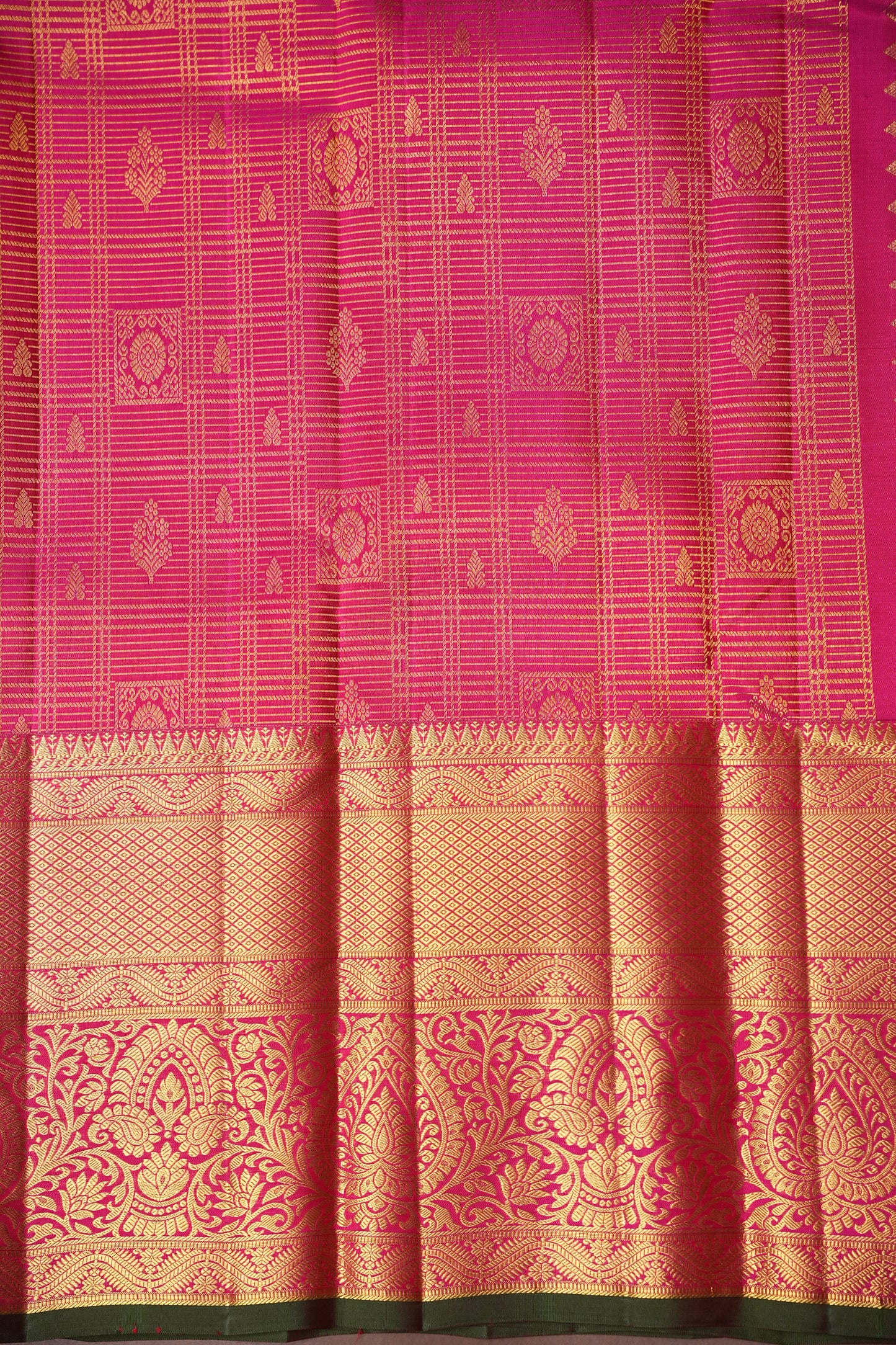 Hot Pink & Green Statement Pure Kanchipuram Brocade Silk Saree|Silk Mark Certified