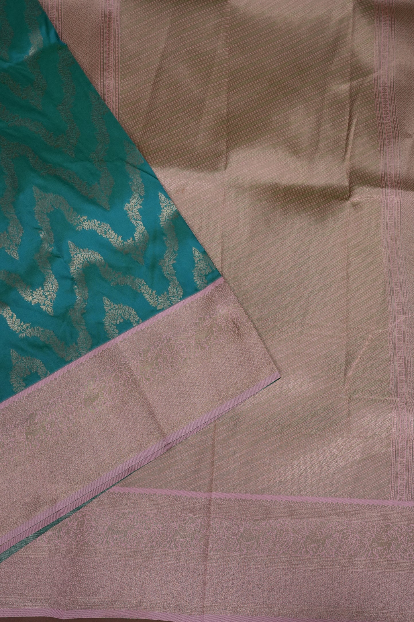 Kanchivaram Semi Silk Saree - Turquoise Green with Baby Pink