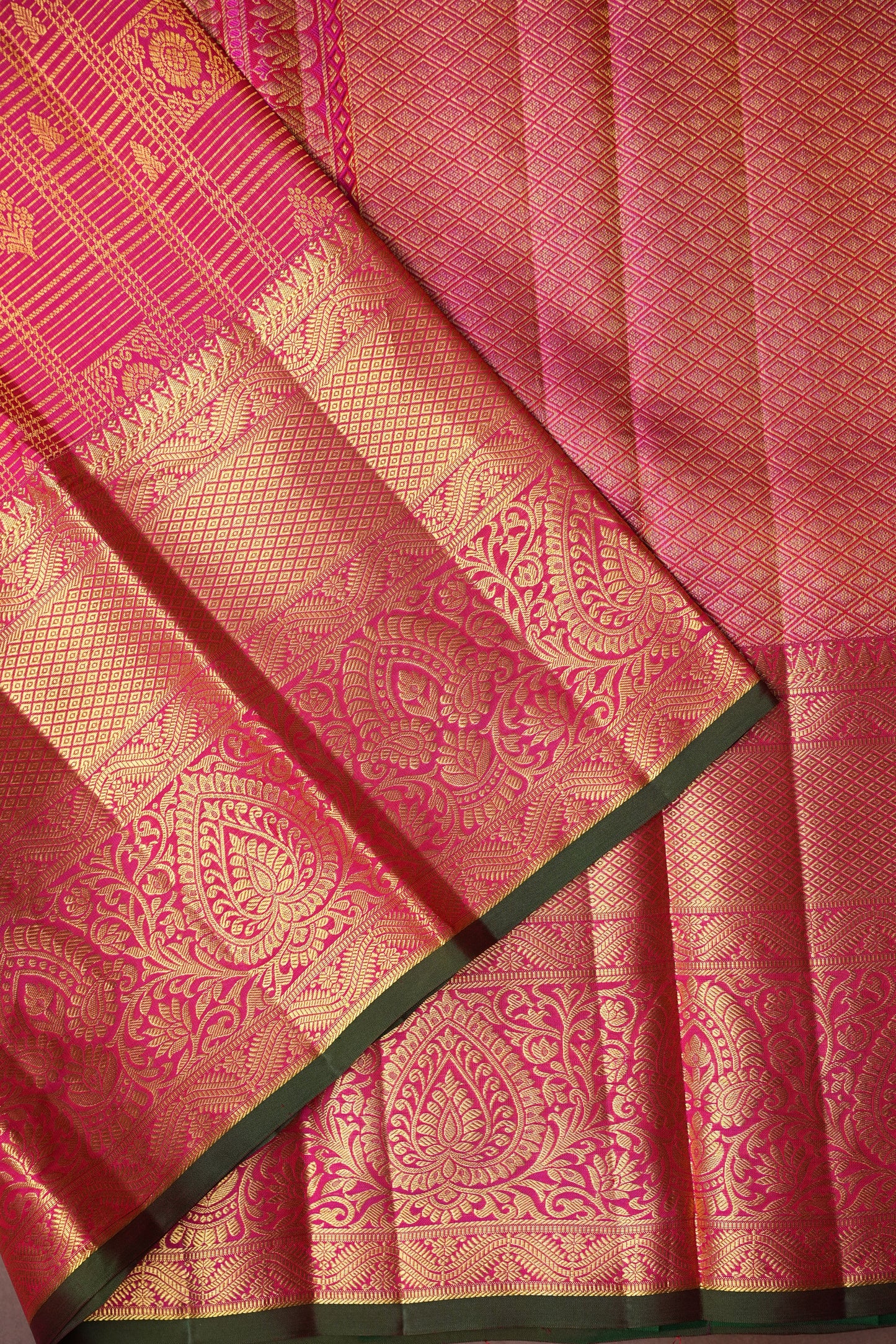 Hot Pink & Green Statement Pure Kanchipuram Brocade Silk Saree|Silk Mark Certified