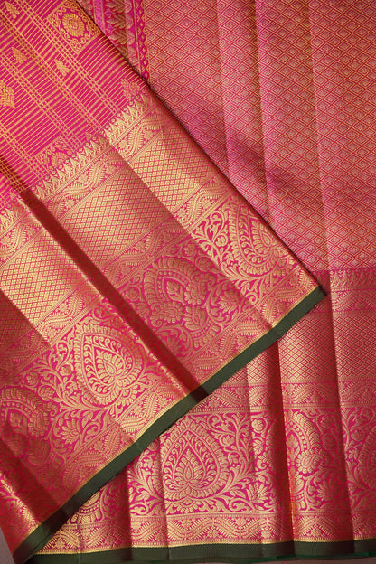 Hot Pink & Green Statement Pure Kanchipuram Brocade Silk Saree|Silk Mark Certified