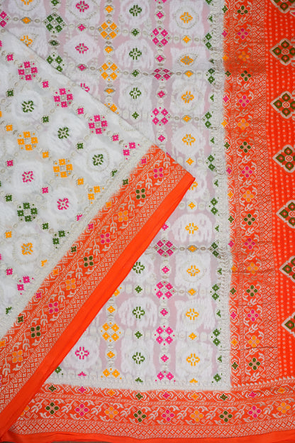 Heavy Georgette Banarasi Saree with Geometric Jaal Weaving – White & Bright Orange