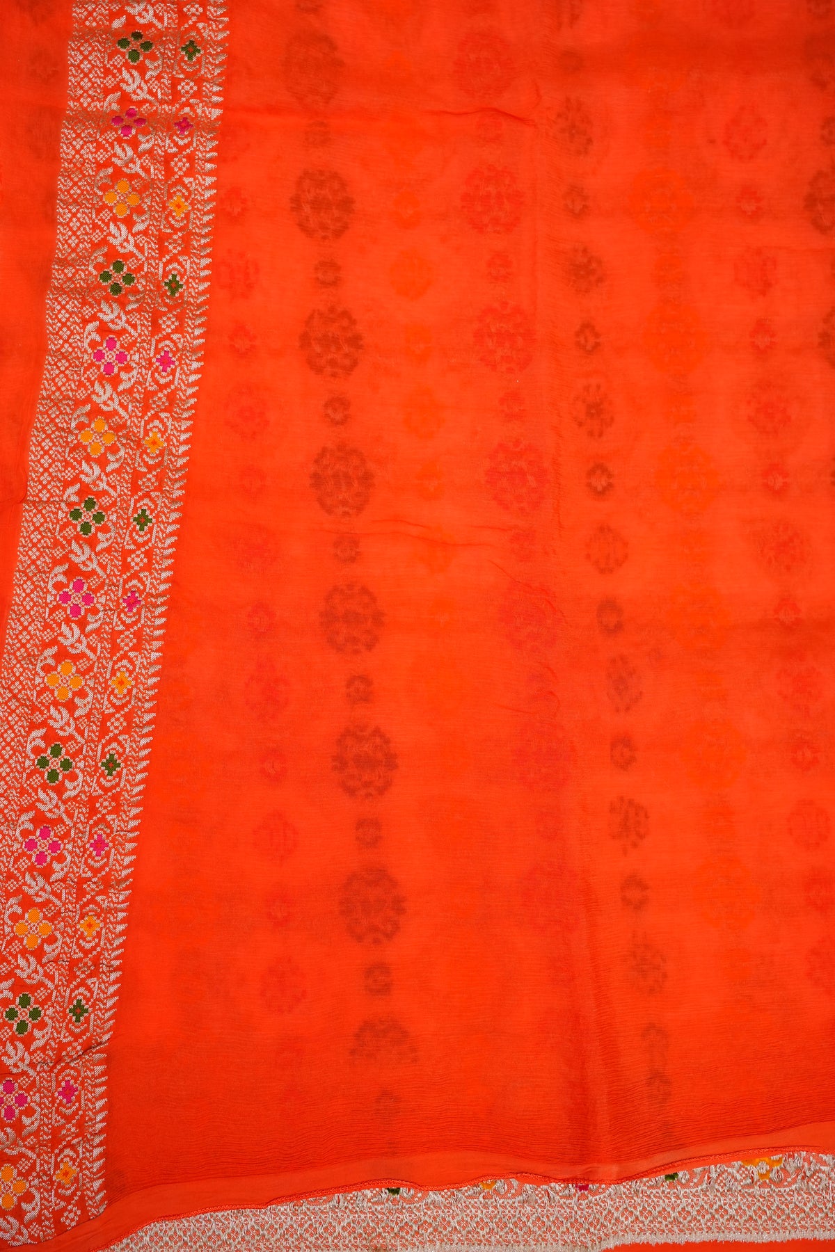 Heavy Georgette Banarasi Saree with Geometric Jaal Weaving – White & Bright Orange