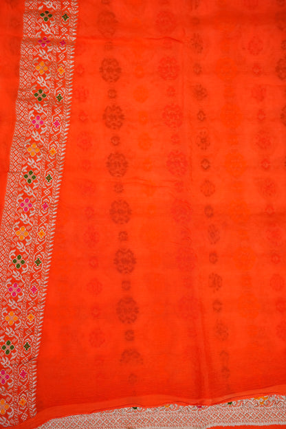 Heavy Georgette Banarasi Saree with Geometric Jaal Weaving – White & Bright Orange