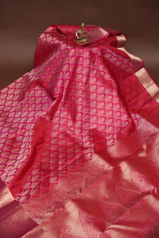 Hot Pink & Soft Gold Zari Pure Kanchipuram Brocade Silk Saree|Silk Mark Certified