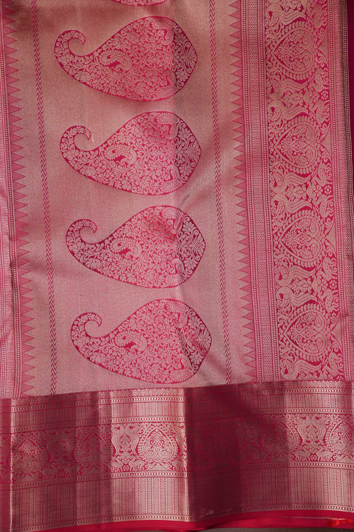 Hot Pink & Soft Gold Zari Pure Kanchipuram Brocade Silk Saree|Silk Mark Certified