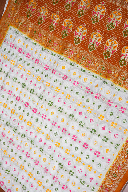 Heavy Georgette Banarasi Saree with Geometric Jaal Weaving – White & Mustard
