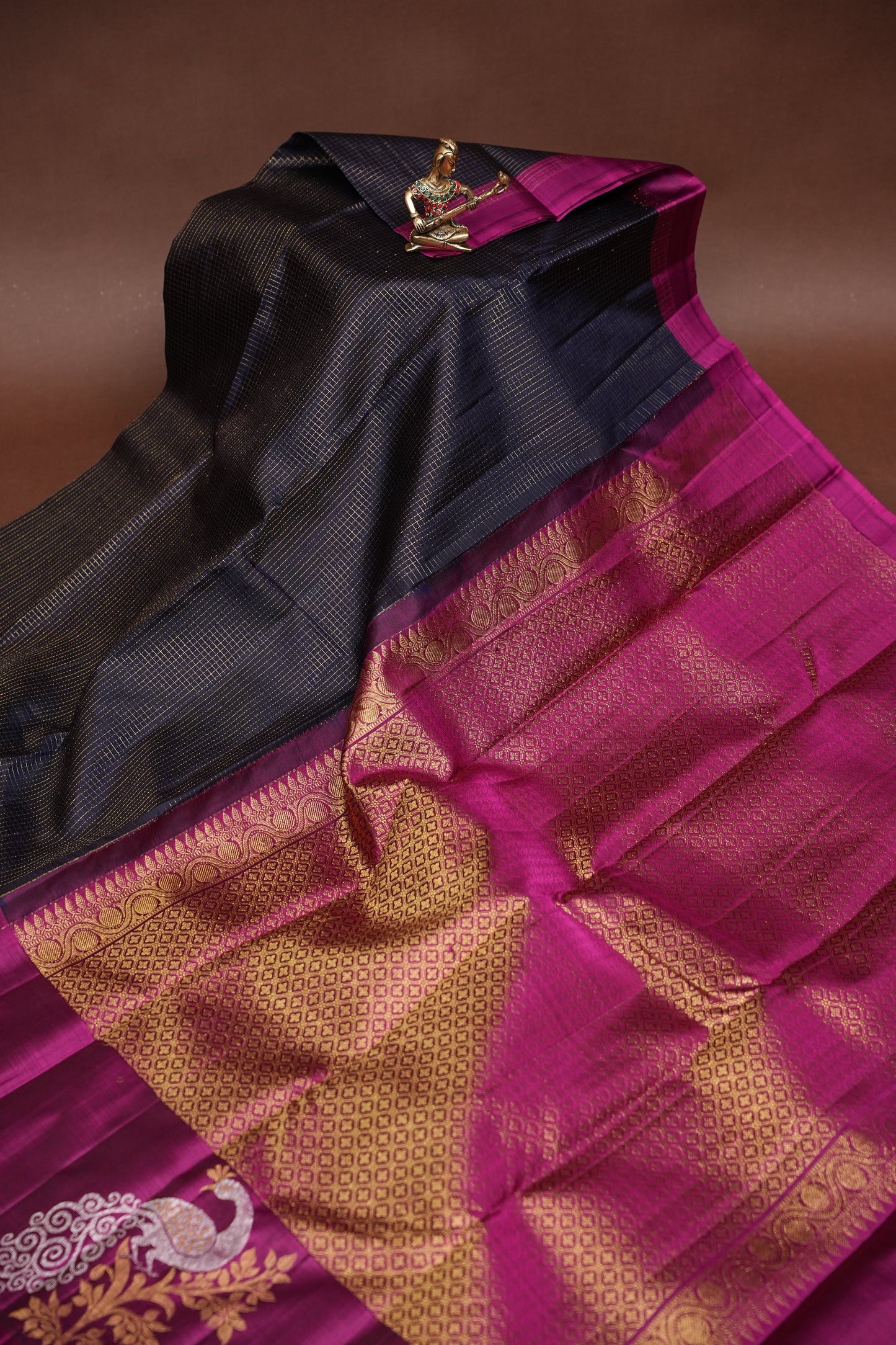 Deep Navy Blue & Purple Border Pure Kanchipuram Brocade Silk Saree|Silk Mark Certified