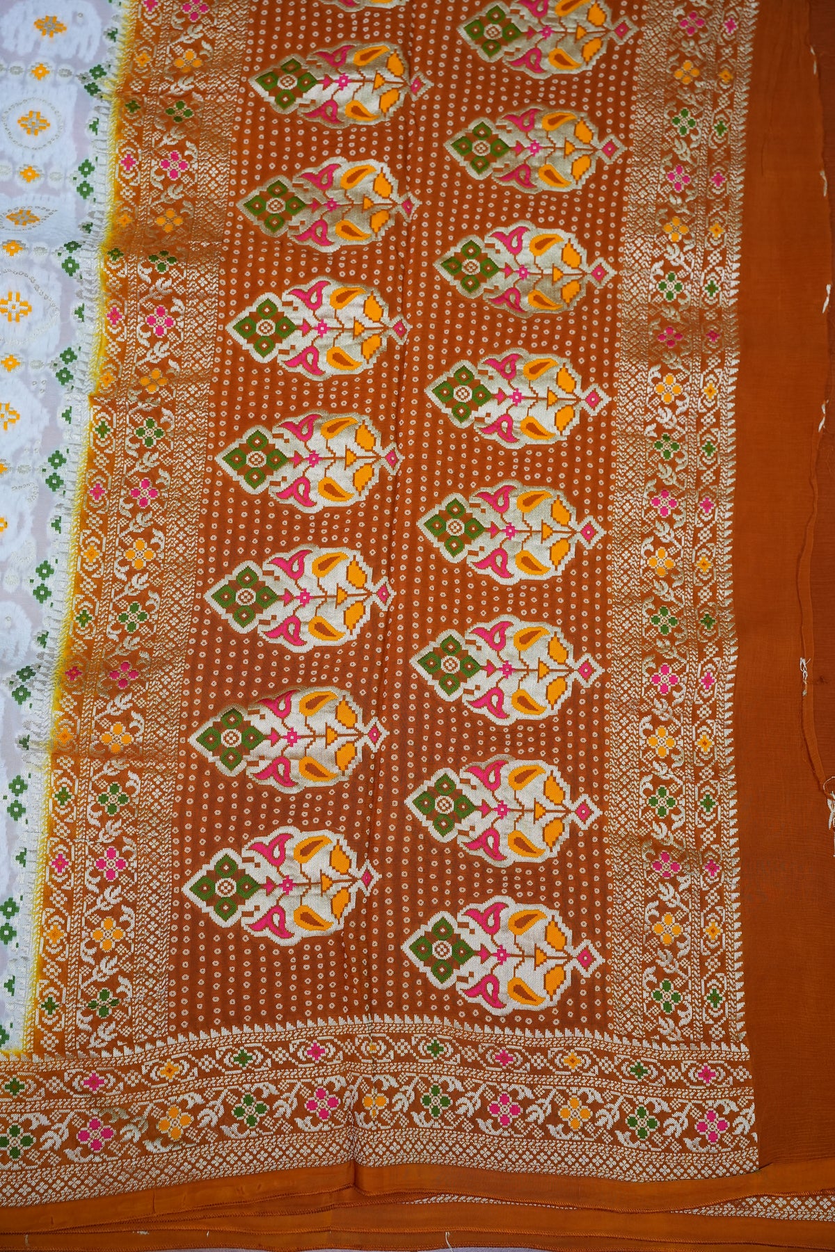 Heavy Georgette Banarasi Saree with Geometric Jaal Weaving – White & Mustard
