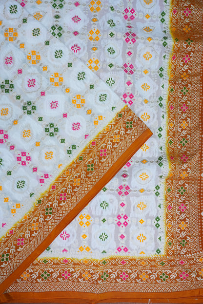 Heavy Georgette Banarasi Saree with Geometric Jaal Weaving – White & Mustard