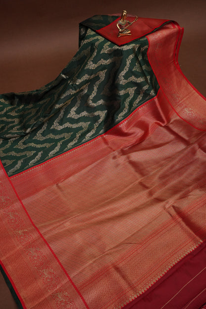 Kanchivaram Semi Silk Saree - Emerald Green with Red