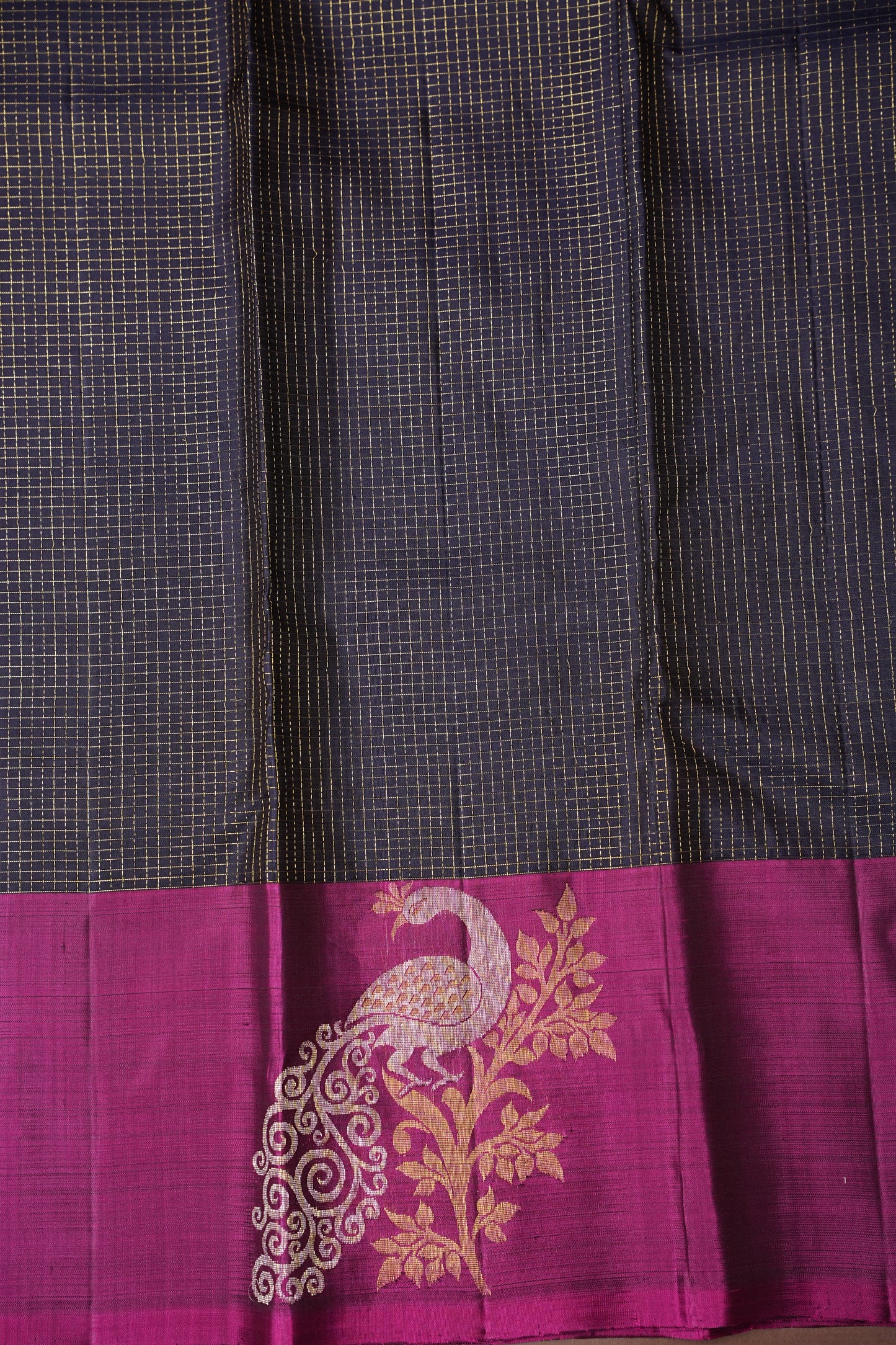 Deep Navy Blue & Purple Border Pure Kanchipuram Brocade Silk Saree|Silk Mark Certified