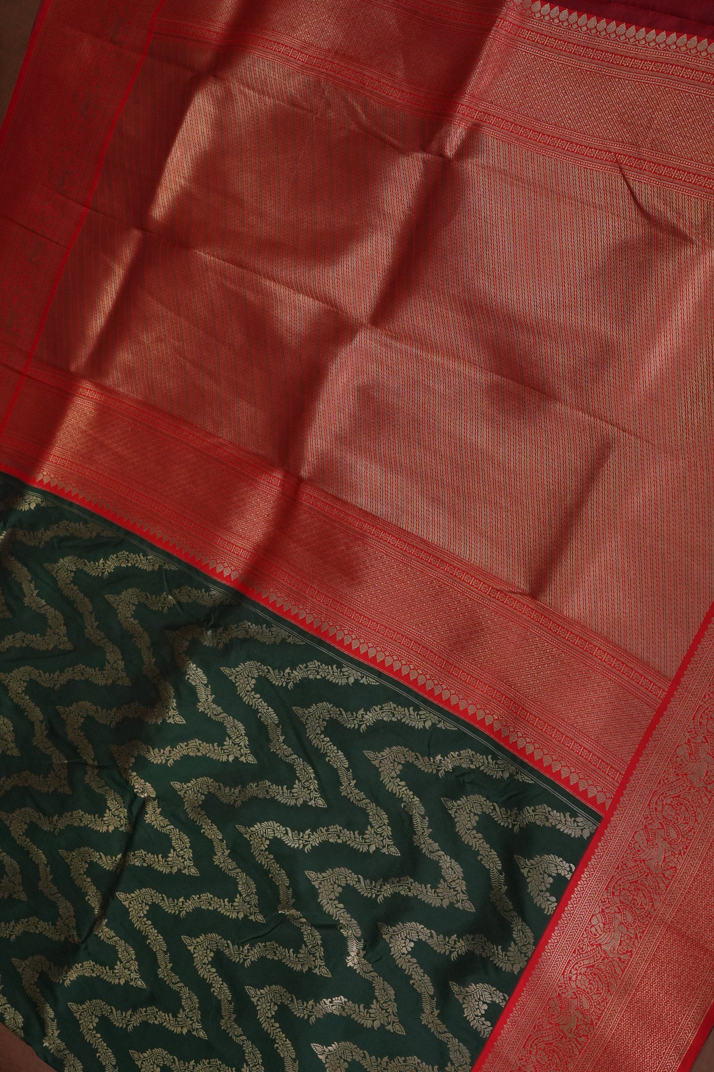 Kanchivaram Semi Silk Saree - Emerald Green with Red