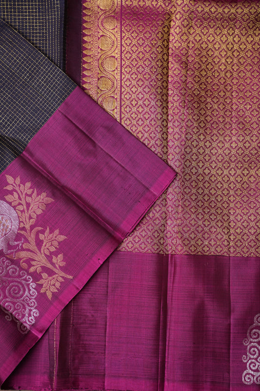 Pure Kanchivaram Brocade Silk Saree - Deep Navy Blue & Purple Border