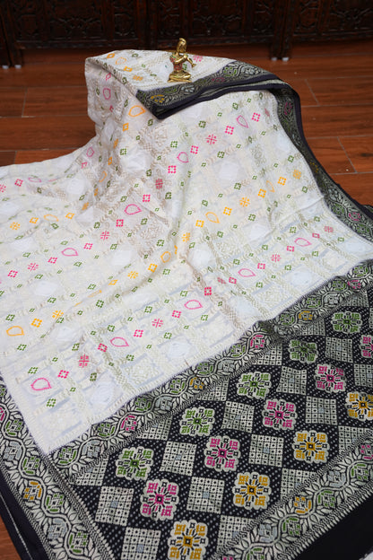 Heavy Georgette Banarasi Saree with Geometric Jaal Weaving – White & Black