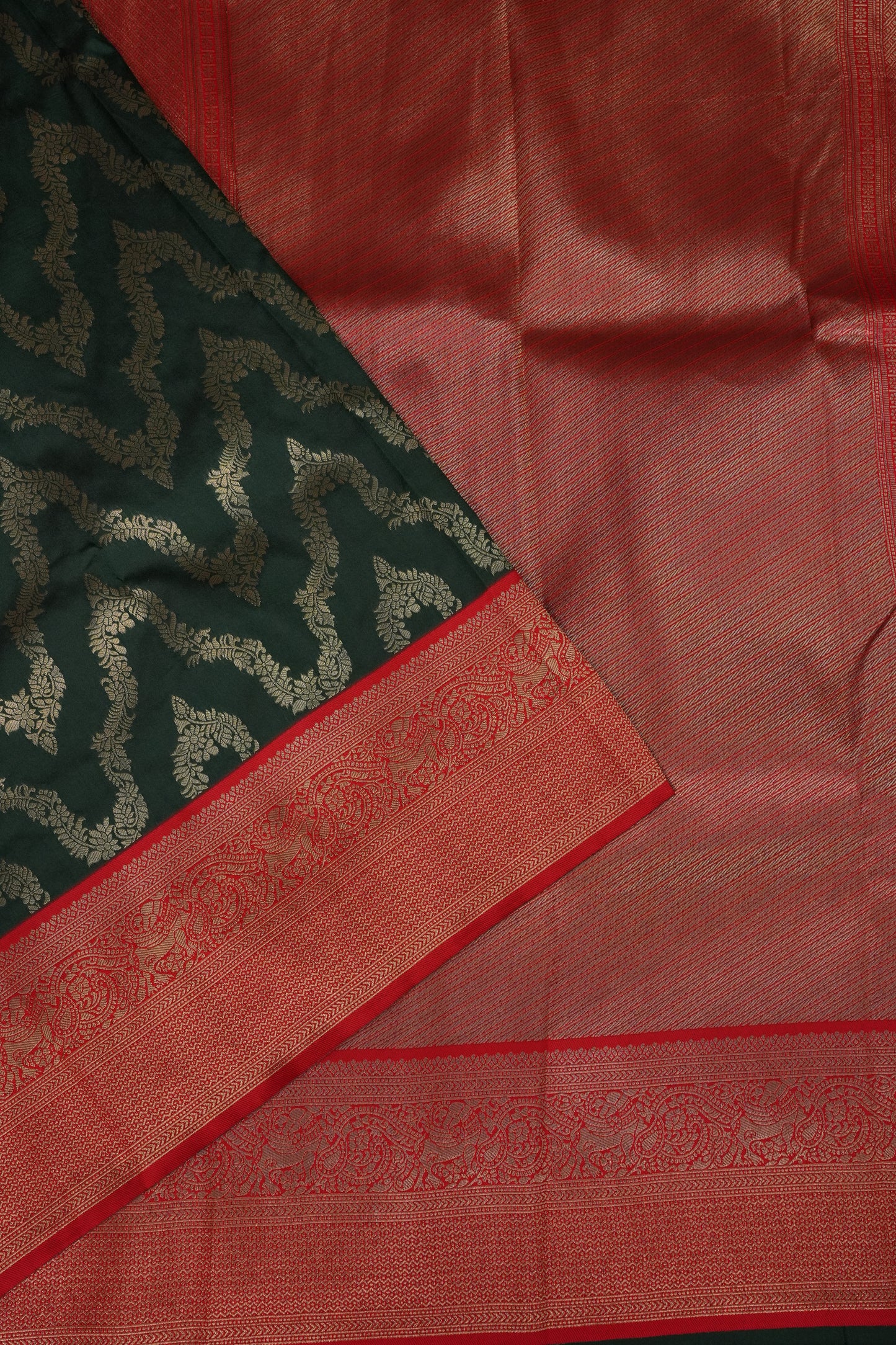 Kanchivaram Semi Silk Saree - Emerald Green with Red