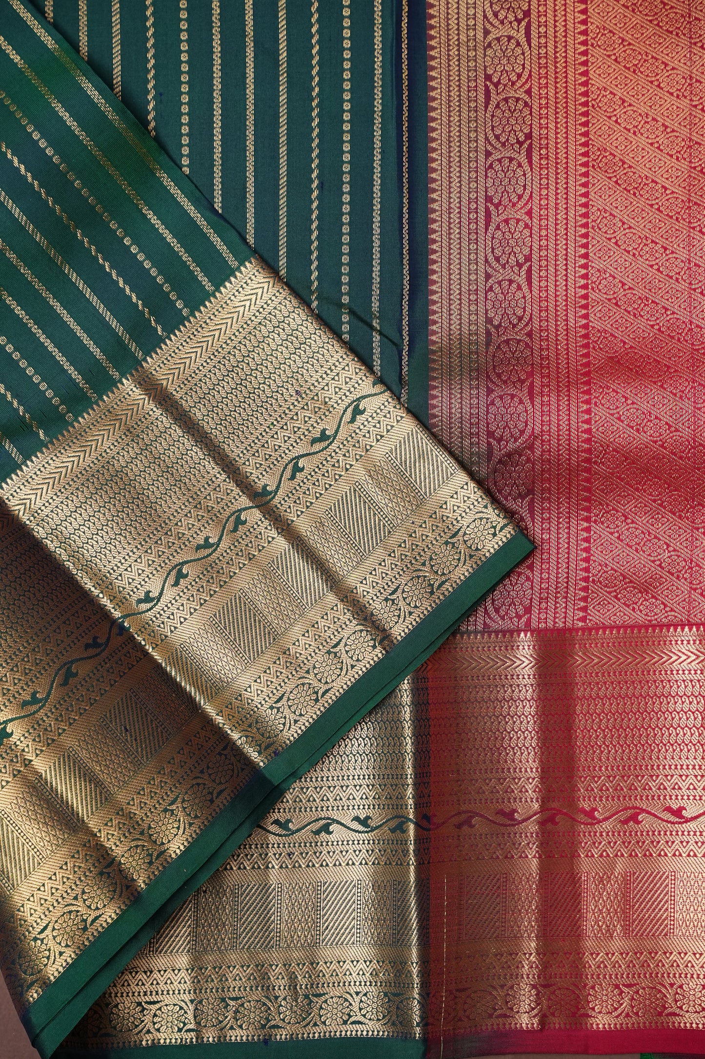 Emerald Green & Orange Pure Kanchipuram Silk Saree|Silk Mark Certified