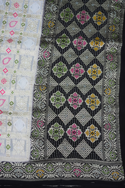 Heavy Georgette Banarasi Saree with Geometric Jaal Weaving – White & Black