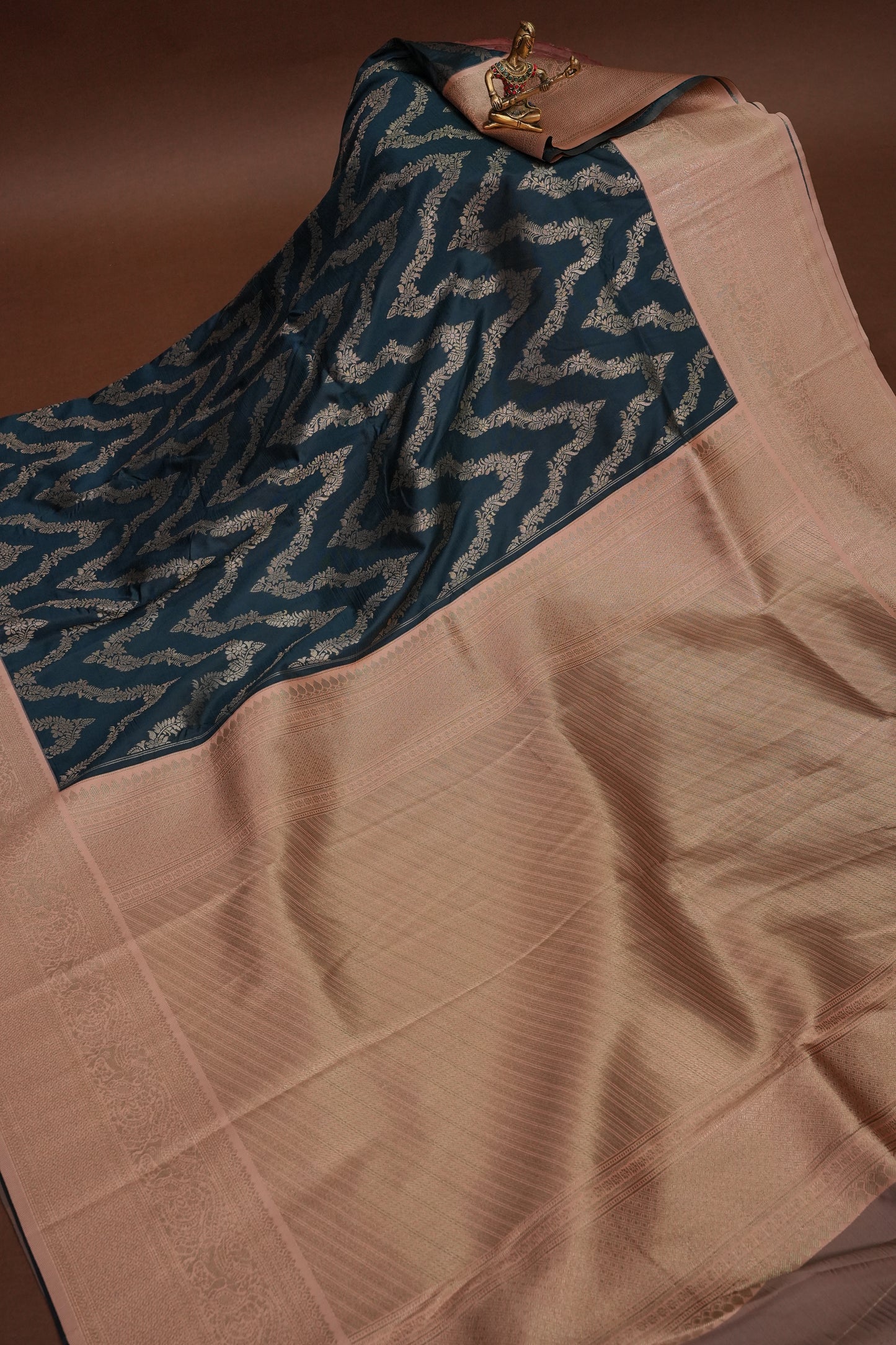 Kanchivaram Semi Silk Saree - Peacock Blue with Peach