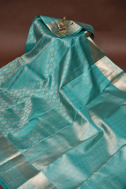 Soft Aqua Blue Pure Kanchipuram Brocade Silk Saree|Silk Mark Certified