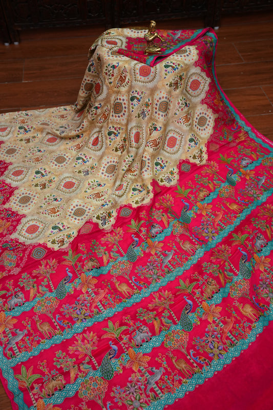Pure Chinon Crepe Silk Saree with Kashmiri Pashmina Digital Print – Pink & White