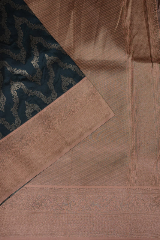 Kanchivaram Semi Silk Saree - Peacock Blue with Peach