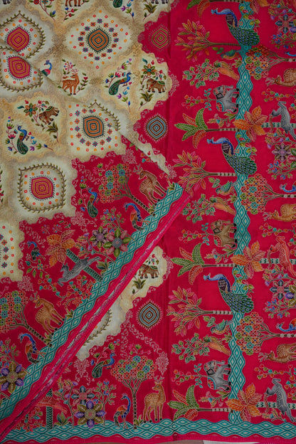 Pure Chinon Crepe Silk Saree with Kashmiri Pashmina Digital Print – Pink & White