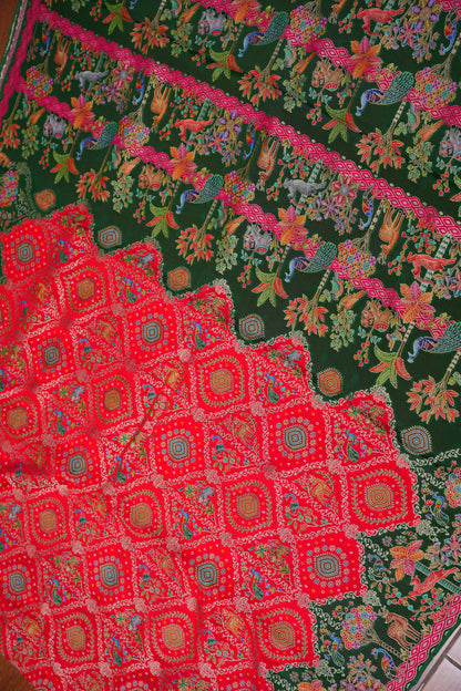 Pure Chinon Crepe Silk Saree with Kashmiri Pashmina Digital Print – Pink & Green