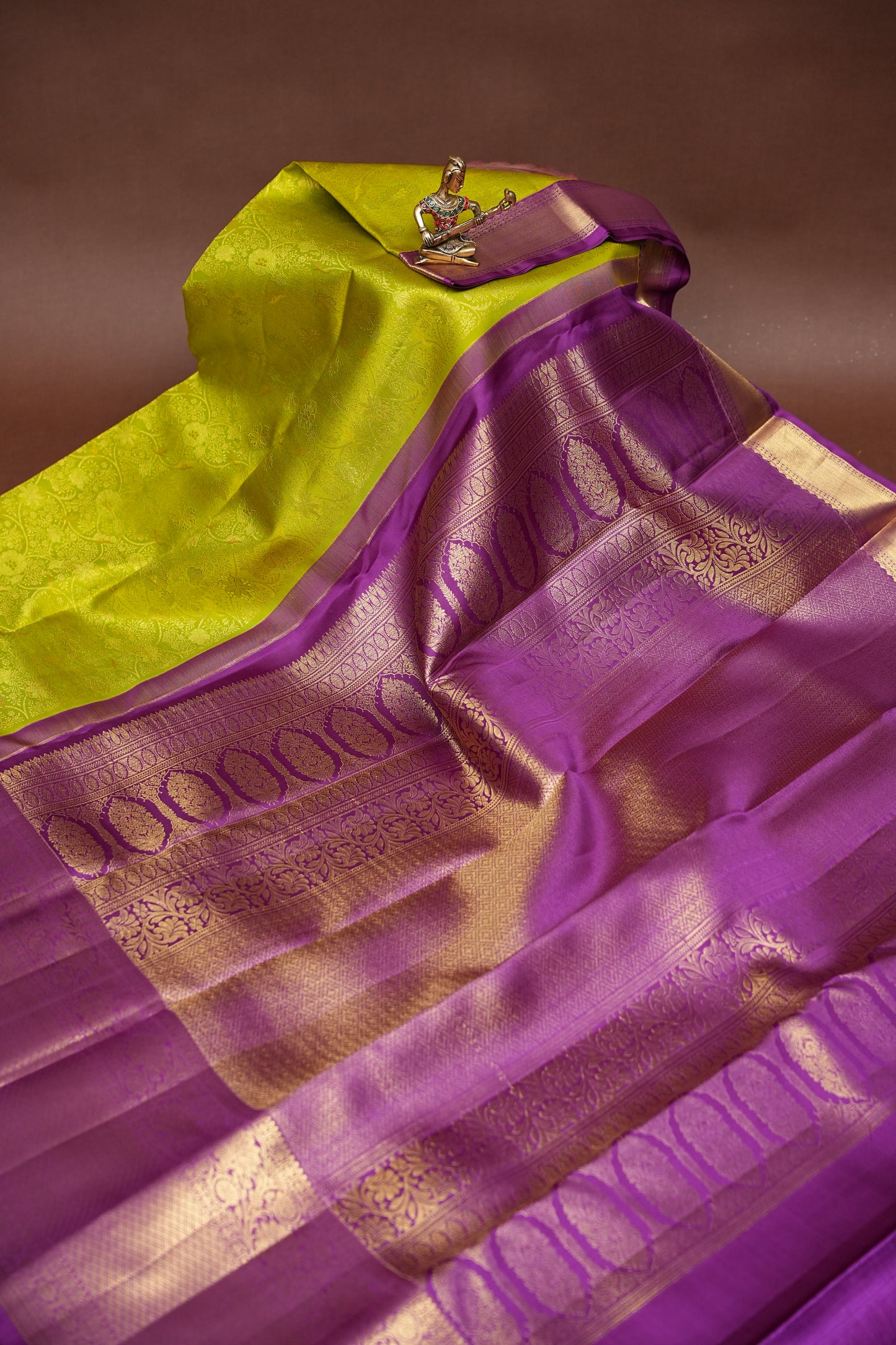 Bright Parrot Green & Purple Pure Kanchipuram Brocade Silk Saree|Silk Mark Certified