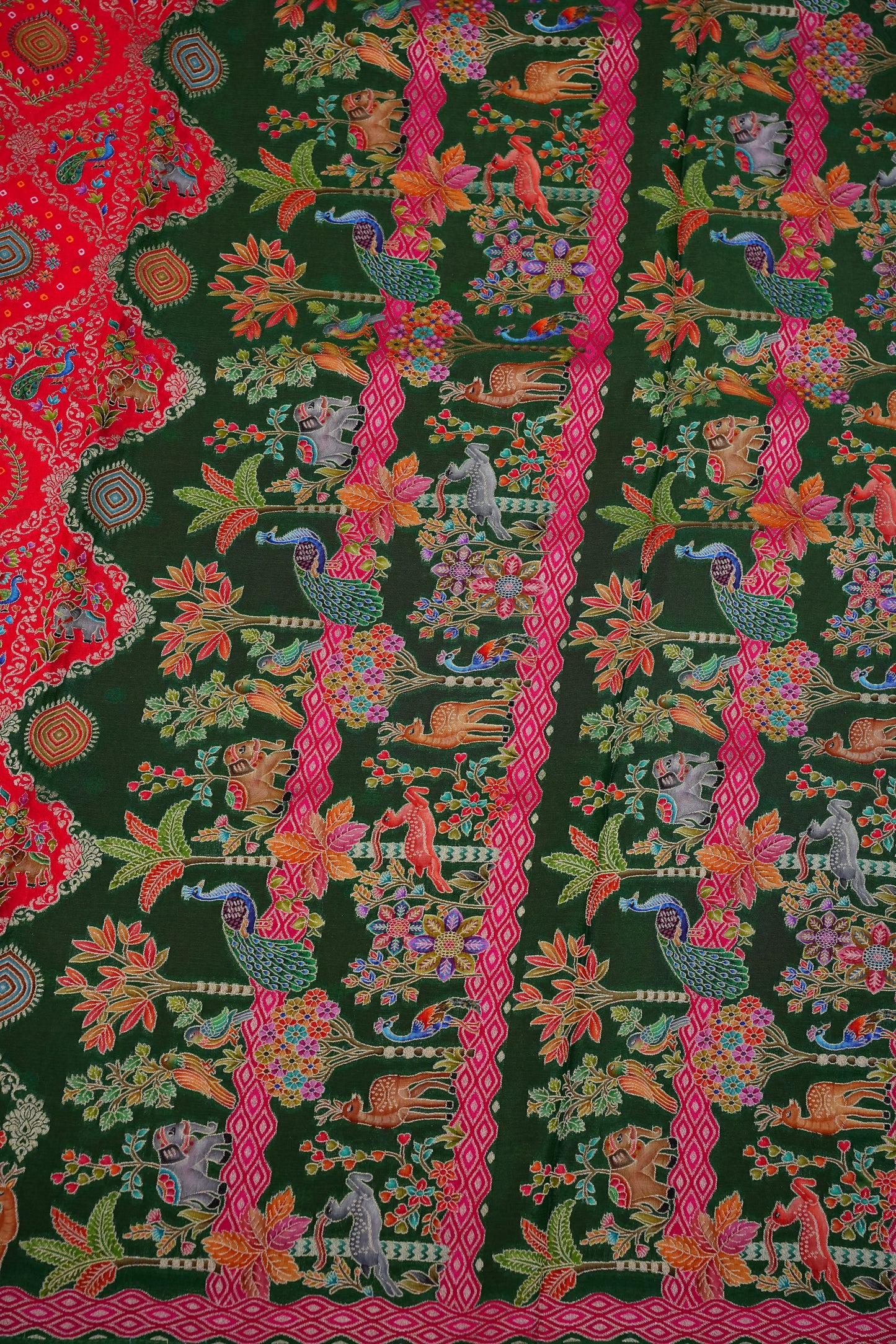 Pure Chinon Crepe Silk Saree with Kashmiri Pashmina Digital Print – Pink & Green
