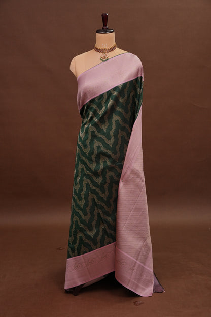 Kanchivaram Semi Silk Saree - Emerald Green with Baby Pink