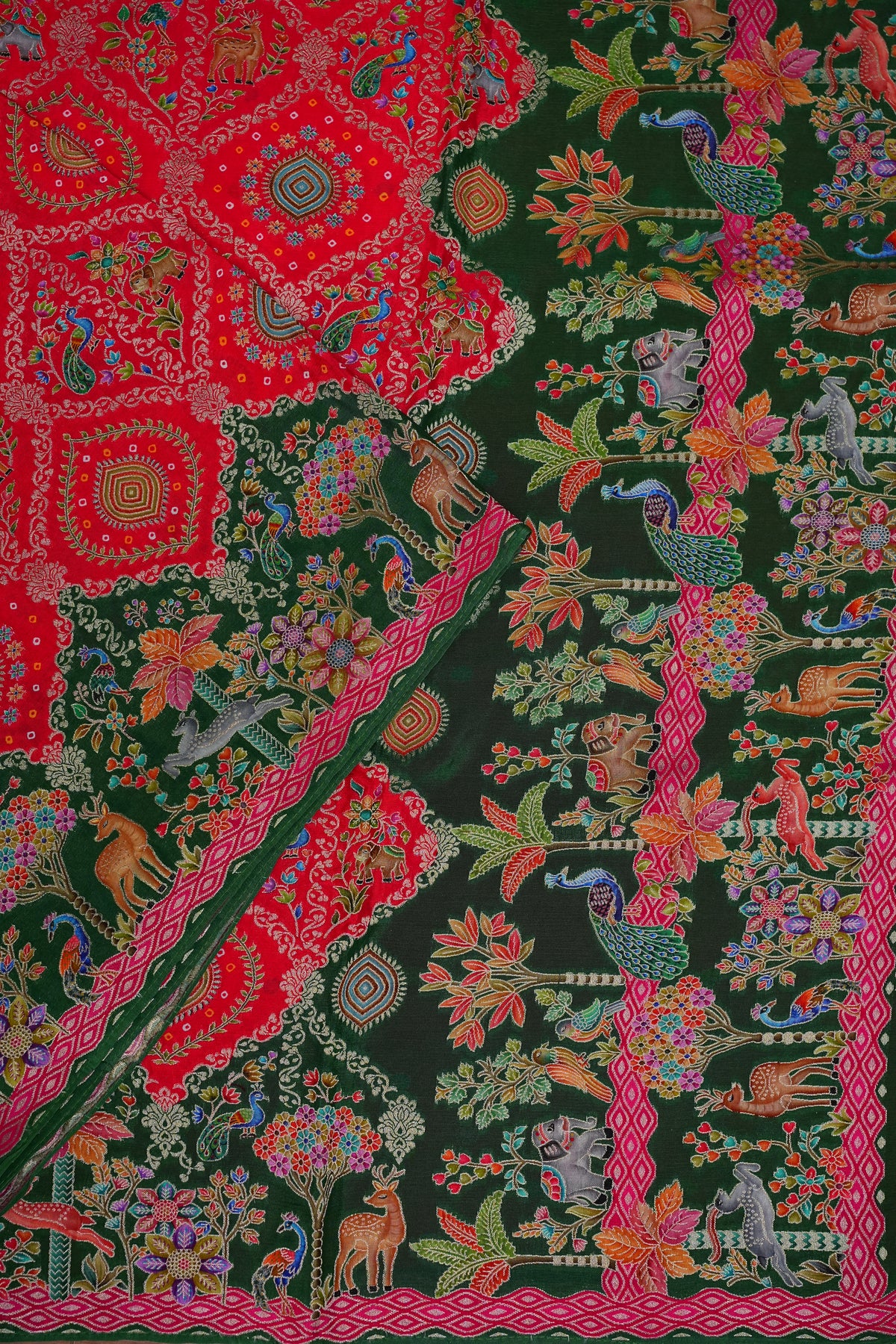 Pure Chinon Crepe Silk Saree with Kashmiri Pashmina Digital Print – Pink & Green